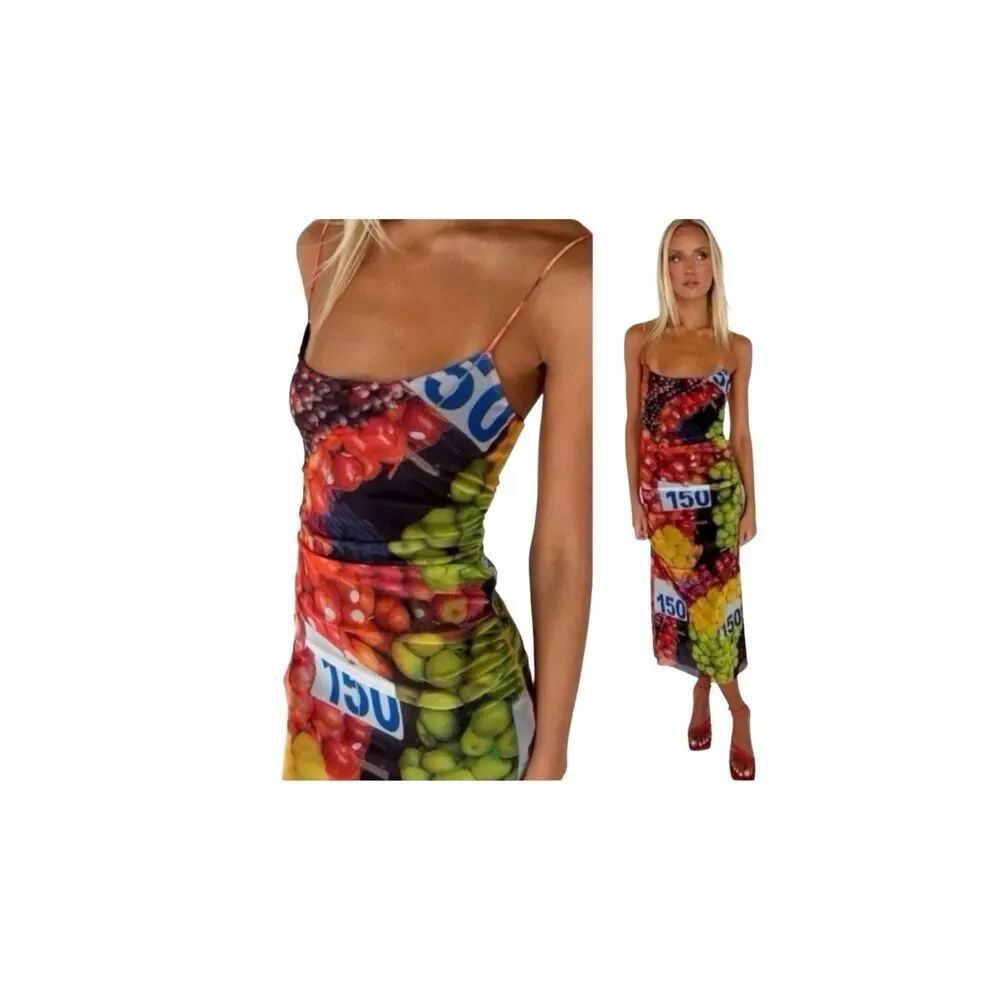 ZARA Ruched Mesh Fruit Stand Strappy Maxi Dress 5039/201 Small